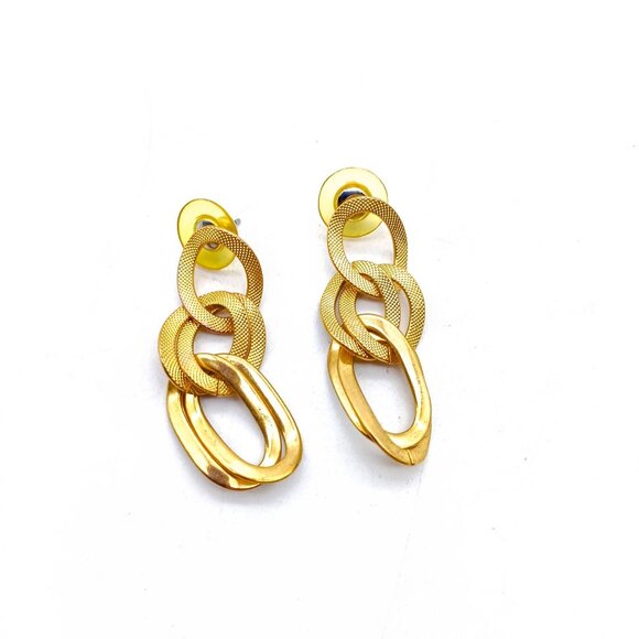 Double Link Chain Drop Earrings, Vintage Gold Tone Dangles - Picture 2 of 4